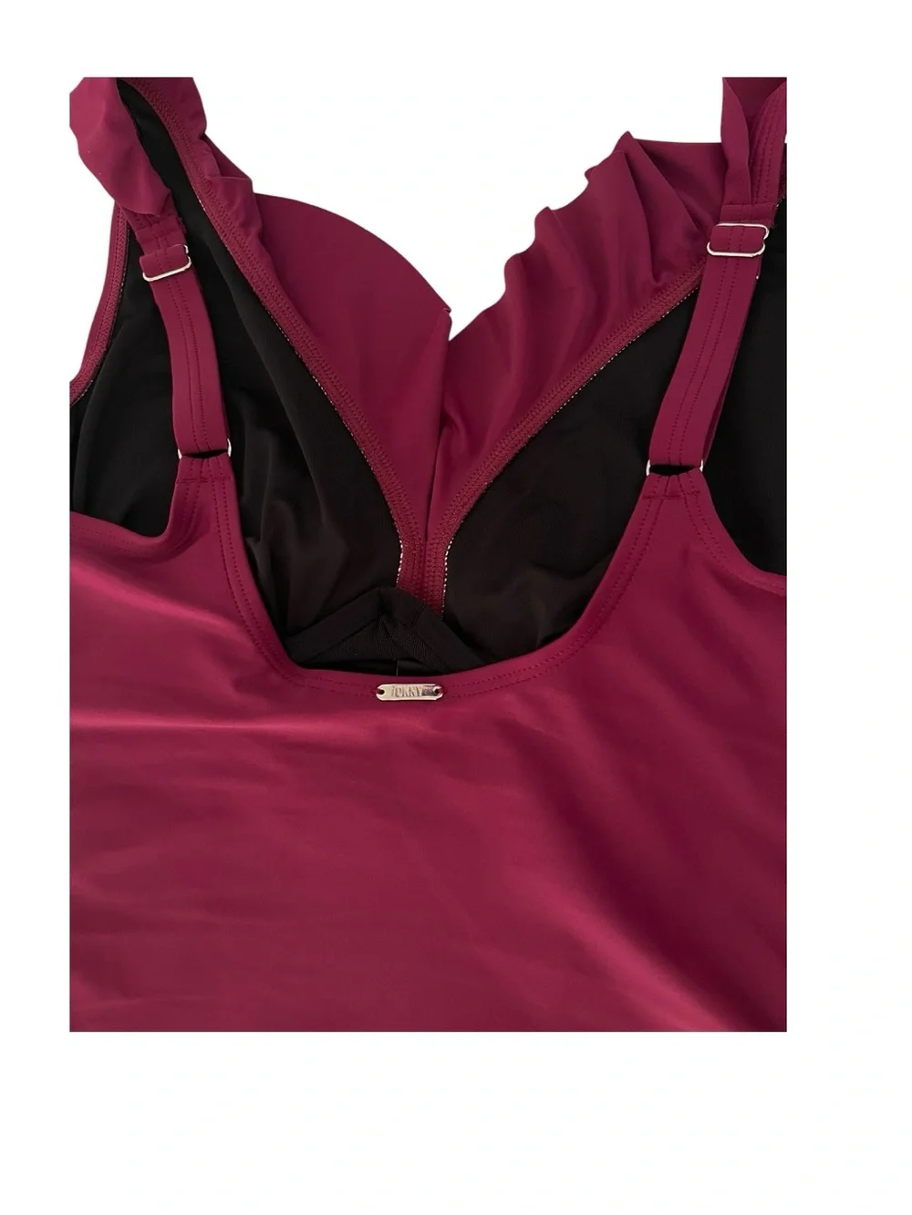 DKNY One Piece Swimsuit Ruffle V Neck Ruched Tummy Control Berry Size 10 - Picture 6 of 10